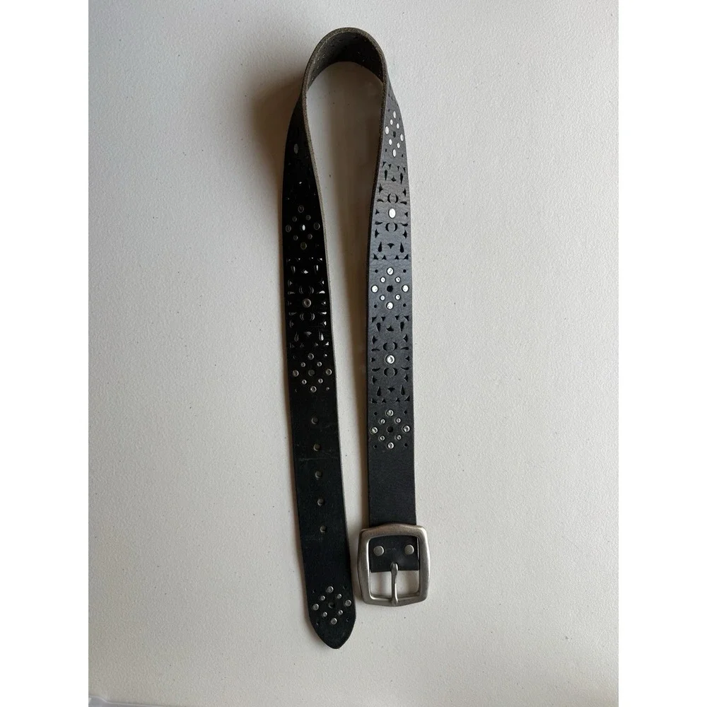 Lucky Brand Leather Hip Belt M 34 Black Studded Cutout Wide Western Boho
